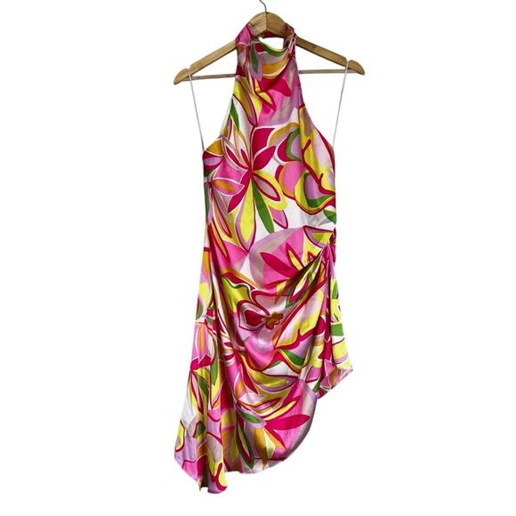 NWT Do+Be Mini Dress Womens L Pink Satin Halter Mock Neck Backless Asymmetric - Picture 2 of 6